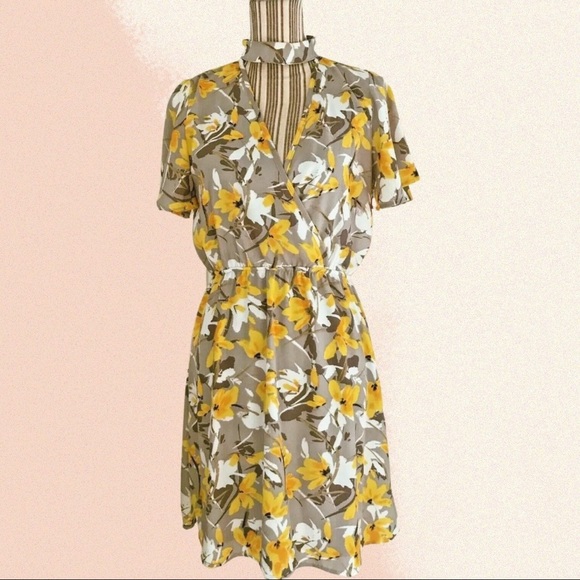 Floral Choker Collar Surplice V Elastic Waist Day Dress Peach Love S Grey Yellow - Picture 15 of 16